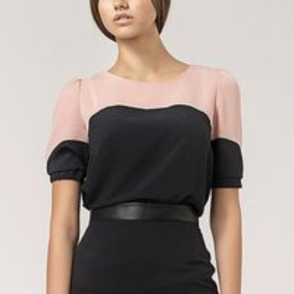 Nife Retro 40s Feminine Top Goth Pink Black Color Block Puff Sleeve Office Wear